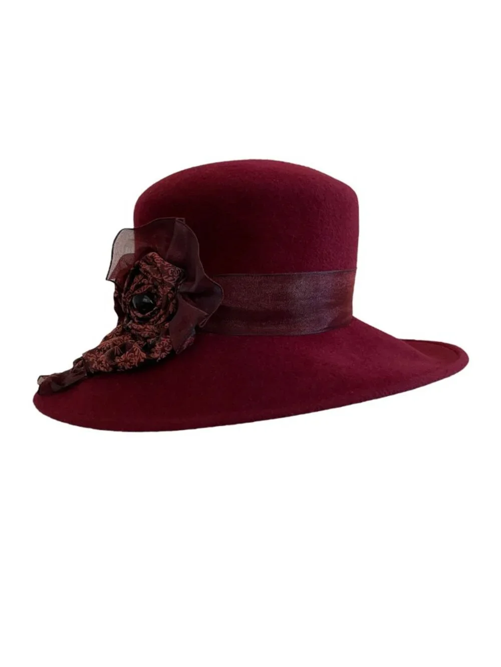 Louise Green Burgundy Wool Felt Wide Brim Hat With Floral Ribbon Detail